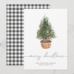Watercolor Christmas Tree Gingham   Holiday Card