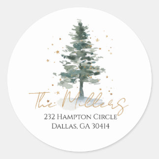 Watercolor Christmas Tree Gold Return Address Clas Classic Round Sticker