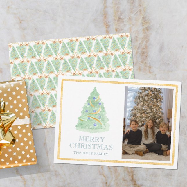 Watercolor Christmas Tree Grandmillennial Photo Holiday Card (Creator Uploaded)