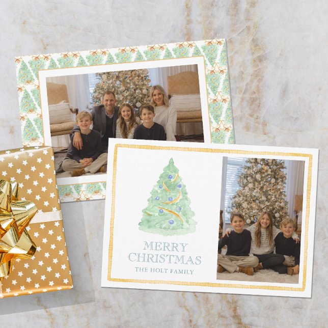 Watercolor Christmas Tree Grandmillennial Photo Holiday Card (Creator Uploaded)