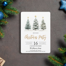 Watercolor Christmas Tree Green Gold Holiday Party