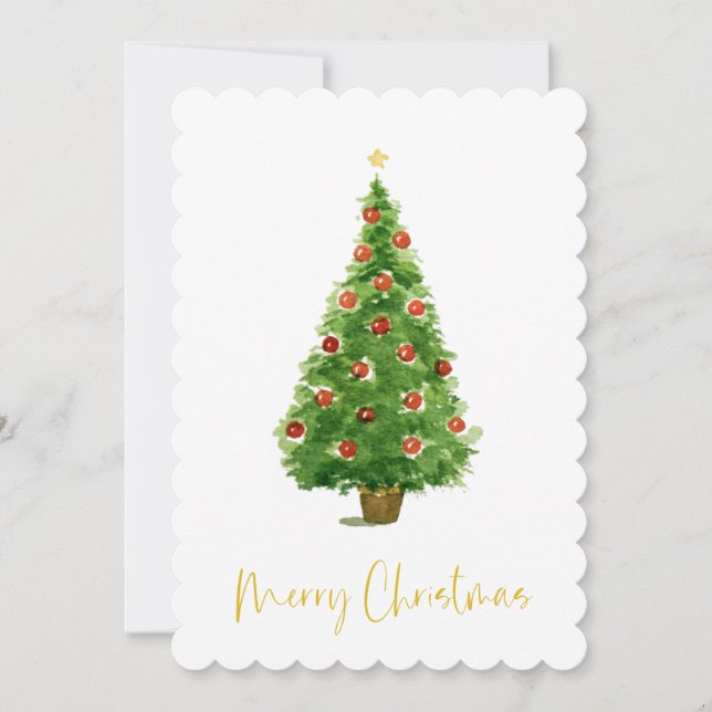 Watercolor Christmas Tree Handwritten Script Holiday Card (Front)