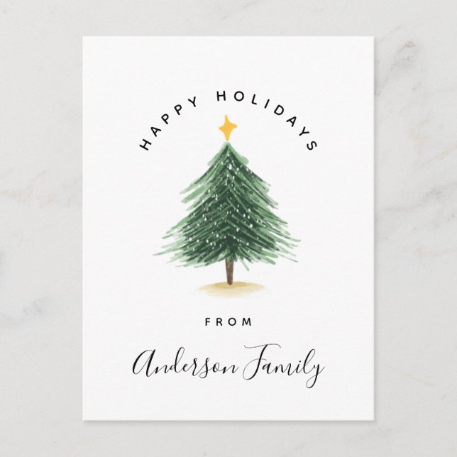 Watercolor Christmas Tree Happy Holidays Greetings Postcard (Front)