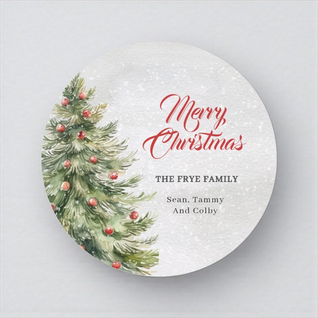 Watercolor Christmas Tree Holiday Gift Classic Round Sticker (Personalized Merry Christmas round sticker with family name)