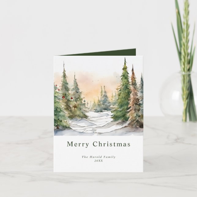 Watercolor Christmas Tree Landscape Art Custom Holiday Card (Front)