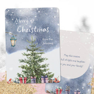 Watercolor Christmas Tree Lantern Midnight Holiday Card