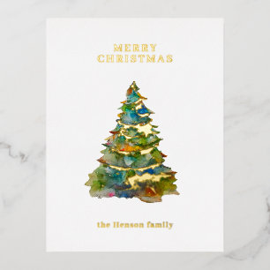 Watercolor Christmas Tree Minimalist Family Foil Holiday Postcard