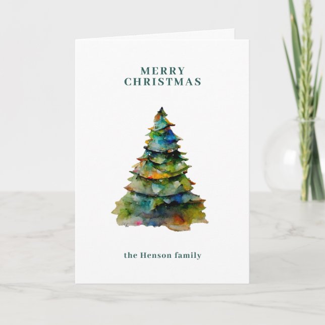 Watercolor Christmas Tree Minimalist Family Holiday Card (Front)