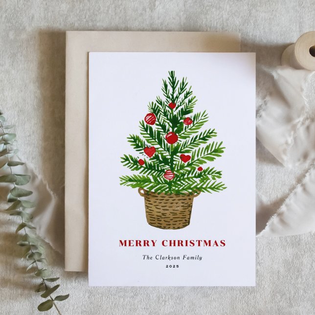 Watercolor Christmas Tree on a Wicker Basket Holiday Card (Creator Uploaded)