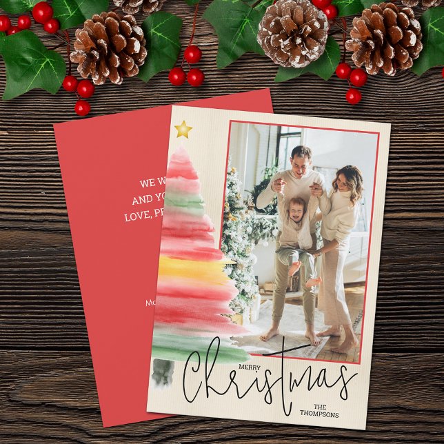 Watercolor Christmas Tree Photo Holiday Card (Striped watercolor Christmas tree photo holiday cards feature your greeting on the back)