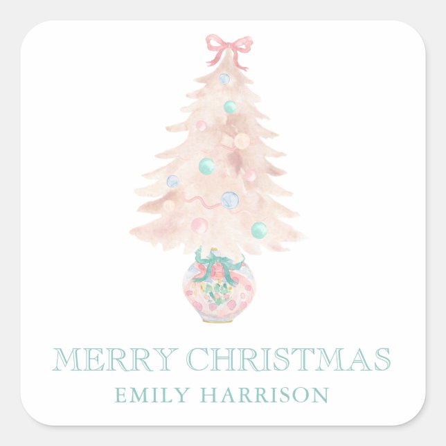 Watercolor Christmas Tree Pink Grandmillennial Square Sticker (Front)