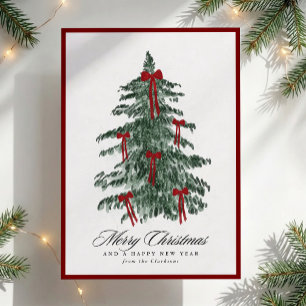 Watercolor Christmas Tree Red Bows Holiday Card