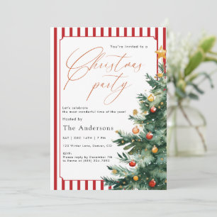 Watercolor Christmas tree Red Stripe Party Invitation