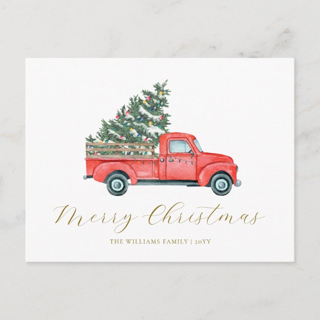 Watercolor Christmas Tree & Red Truck Merry X'mas Postcard (Front)