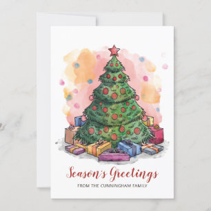 Watercolor Christmas Tree   Season's Greetings Holiday Card