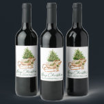 Watercolor Christmas Tree Sleigh Calligraphy Ink<br><div class="desc">Modern Elegant Calligraphy Ink Script Watercolor Tree and Wood Sleigh Merry Christmas Wine Label</div>