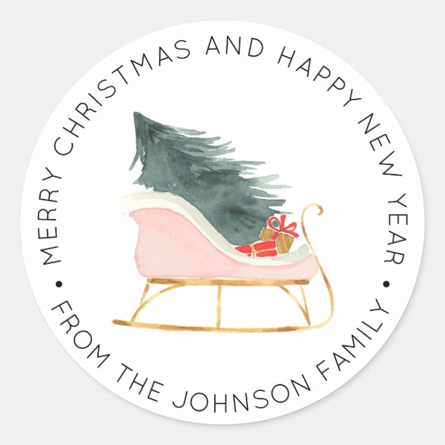 Watercolor Christmas Tree Sleigh Stickers Labels (Front)
