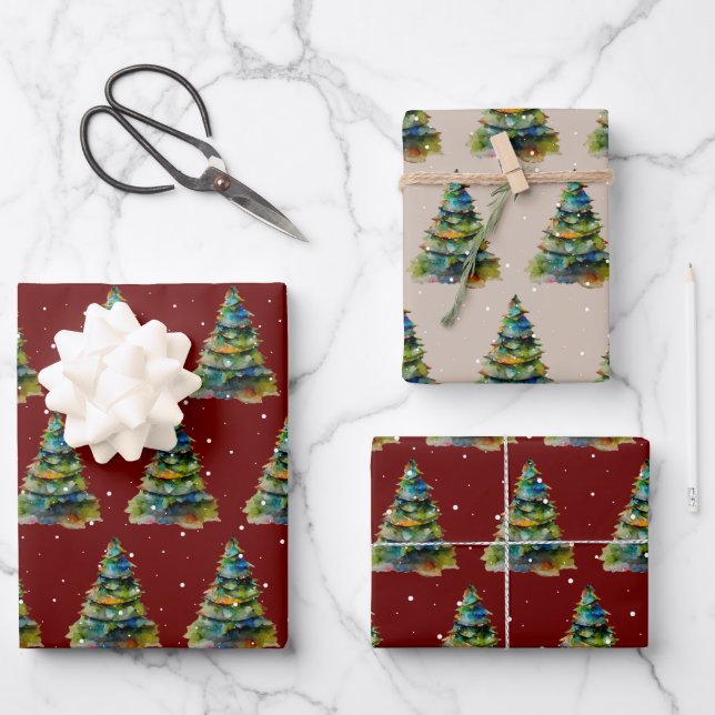 Watercolor Christmas Tree Snowflake Drawing  Wrapping Paper Sheet (Front)
