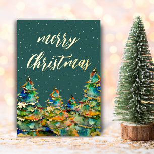 Watercolor Christmas Tree Snowflakes Green Gold
