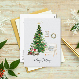Watercolor Christmas Tree & Sofa Chair Christmas Holiday Postcard