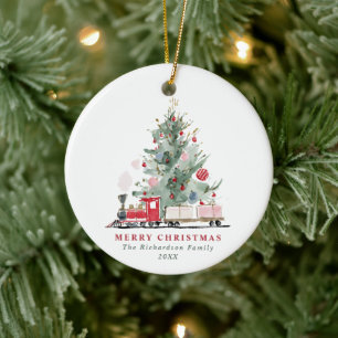 Watercolor Christmas Tree Toy Train Ceramic Tree Decoration