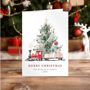 Watercolor Christmas Tree Toy Train Holiday Card