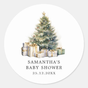 Watercolor Christmas Tree Winter Baby Shower Classic Round Sticker
