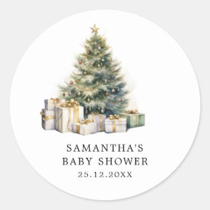 Watercolor Christmas Tree Winter Baby Shower Classic Round Sticker