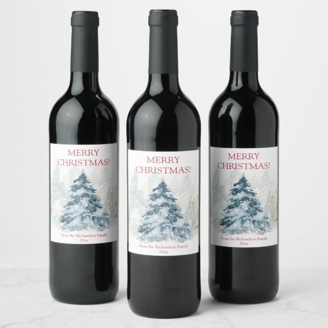 Watercolor Christmas tree winter wonderland Wine Label (Bottles)