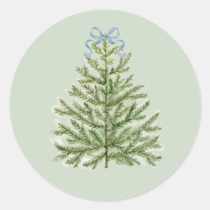 Watercolor Christmas Tree with Blue Bow Classic Round Sticker