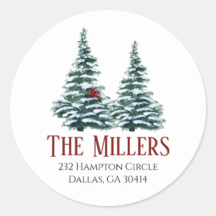 Watercolor Christmas Tree with Cardinal Classic Round Sticker