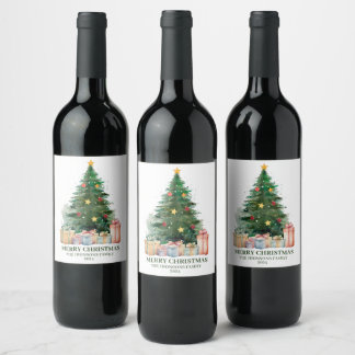 Watercolor Christmas Tree with Gifts Wine Label