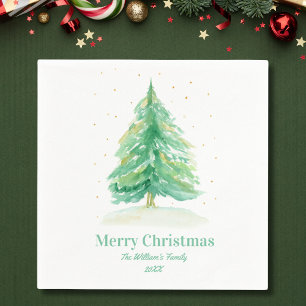 Watercolor Christmas Tree With Gold Snow Napkin