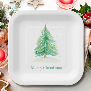 Watercolor Christmas Tree With Gold Snow Paper Plate