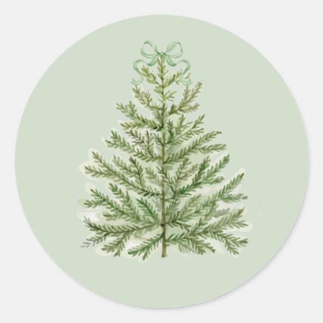 Watercolor Christmas Tree with Green Bow Classic Round Sticker (Front)