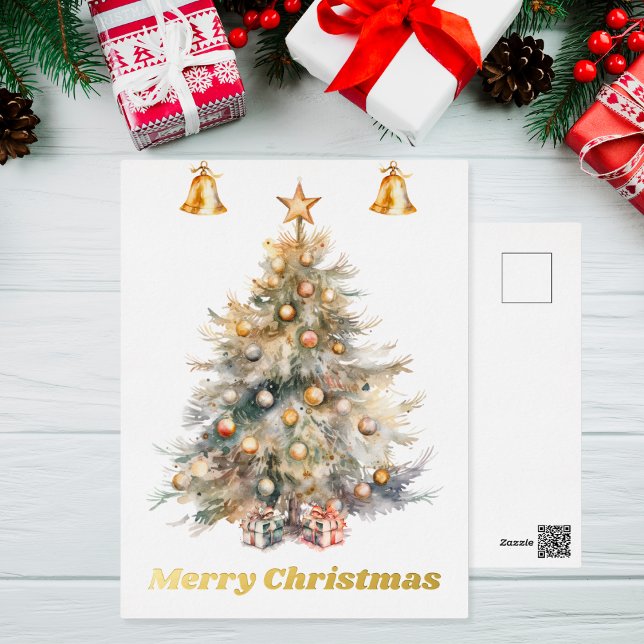 Watercolor Christmas Tree with jingle bells, Foil Holiday Postcard (Creator Uploaded)