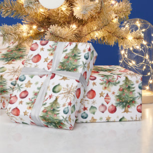 Watercolor Christmas Tree with Ornaments Wrapping Paper