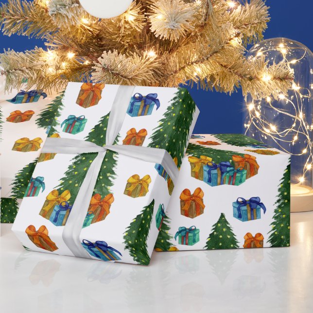 Watercolor Christmas Trees and Gift Boxes  Wrapping Paper (Holidays)