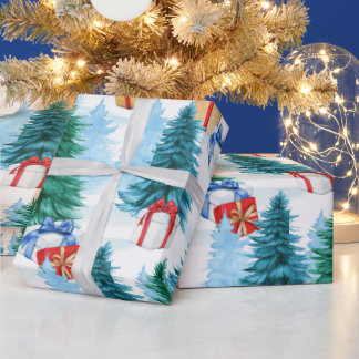 Watercolor Christmas Trees and Gift Boxes Wrapping Paper