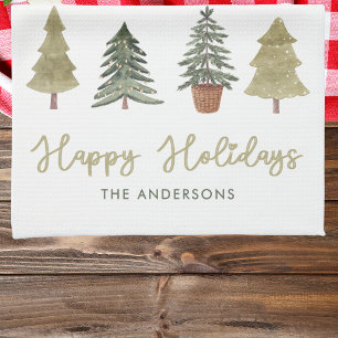Watercolor Christmas Trees Custom Family Name Tea Towel