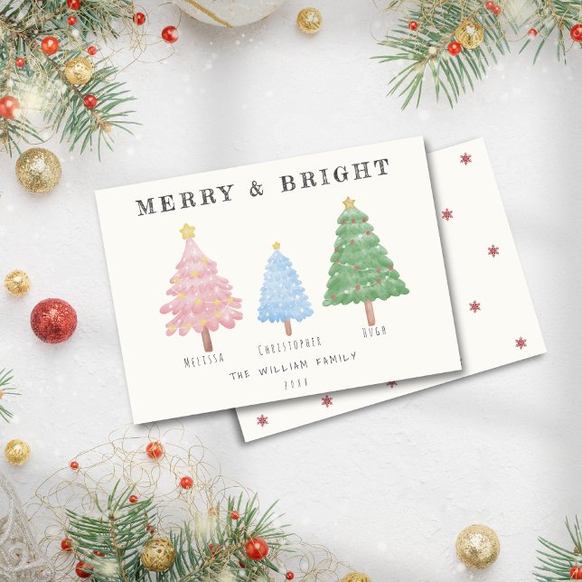 Watercolor Christmas Trees Family Name Non Photo Holiday Card (Watercolor Christmas Trees Family Name Non Photo Holiday Card)