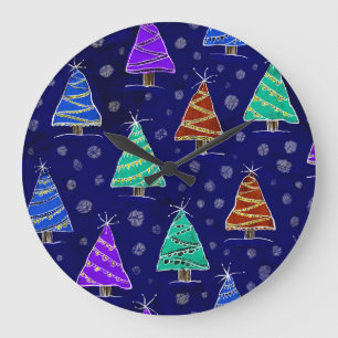 Watercolor Christmas Trees: Forest Pattern. Large Clock