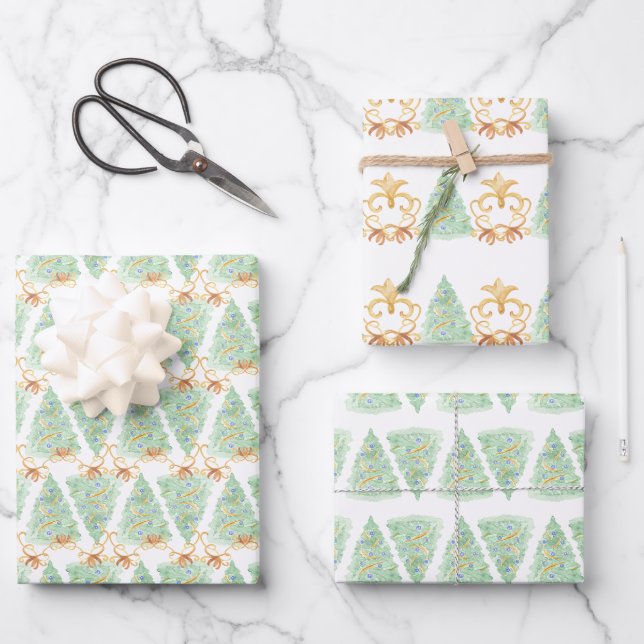 Watercolor Christmas Trees Gold Grandmillennial  Wrapping Paper Sheet (Front)