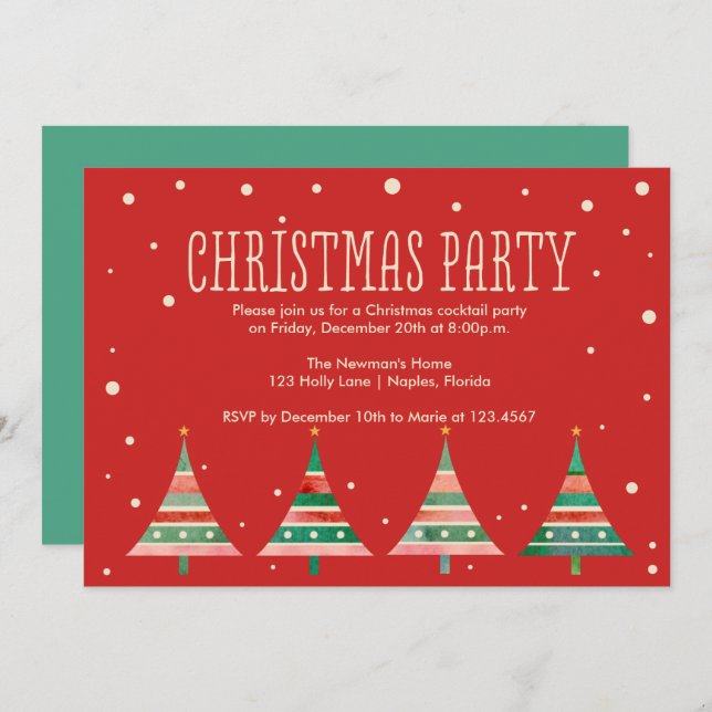 Watercolor Christmas Trees Holiday Party Invitation (Front/Back)