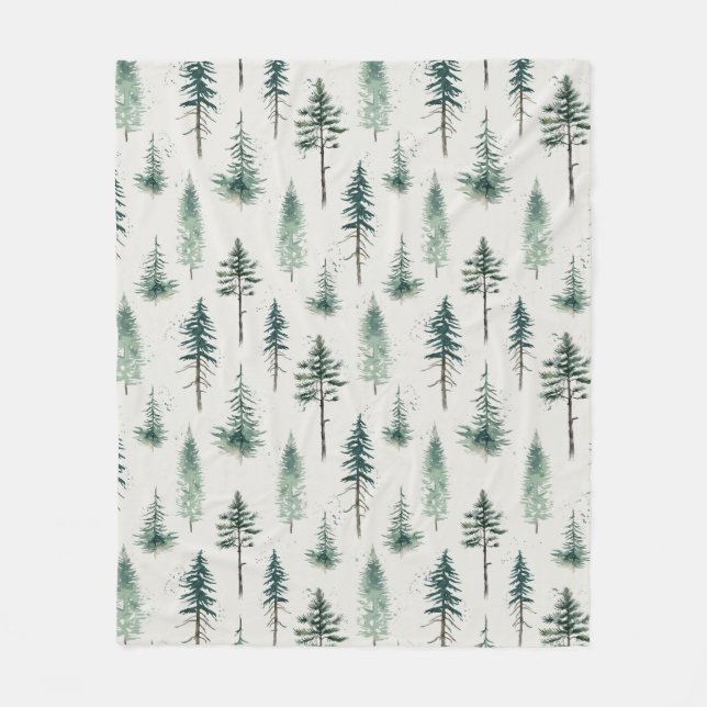 Watercolor Christmas Trees Holiday Pattern Fleece Blanket (Front)