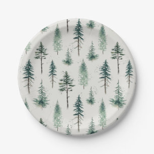 Watercolor Christmas Trees Holiday Pattern Paper Plate