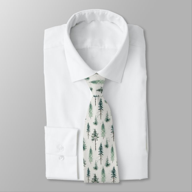 Watercolor Christmas Trees Holiday Pattern Tie (Tied)