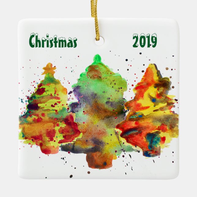 Watercolor Christmas Trees Light Ceramic Ornament (Front)
