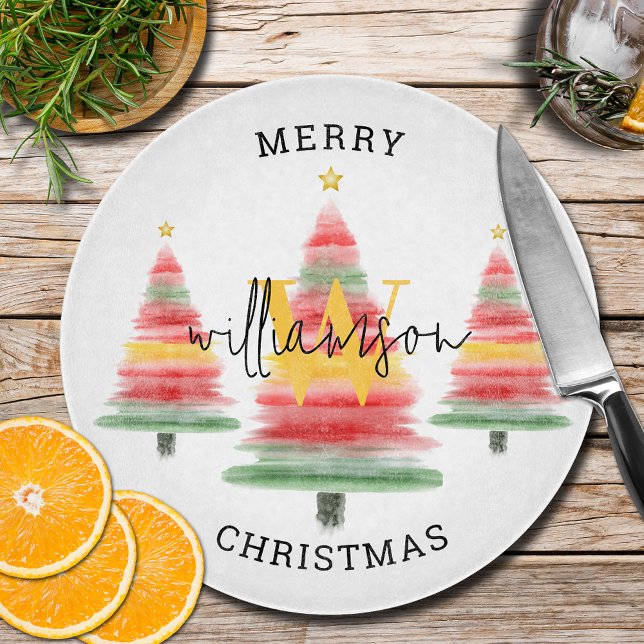 Watercolor Christmas Trees Monogram Cutting Board (Creator Uploaded)