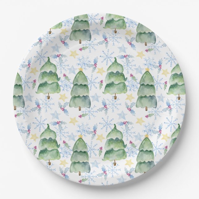 Watercolor christmas trees paper plate (Front)
